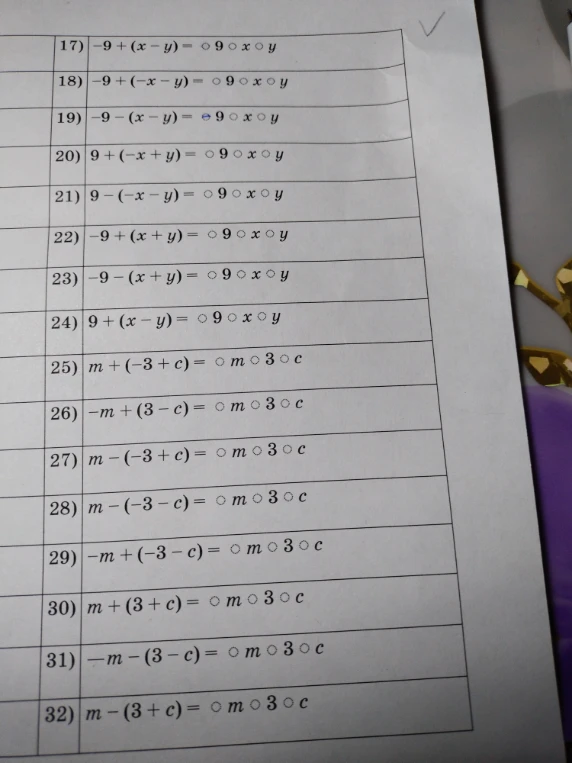 17) -9 + (x - y) = 9 x y