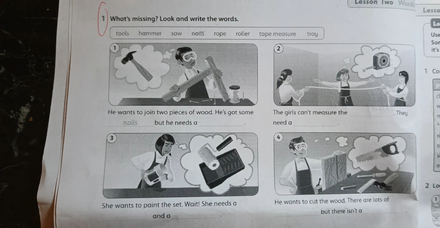 What's missing? Look and write the words.
