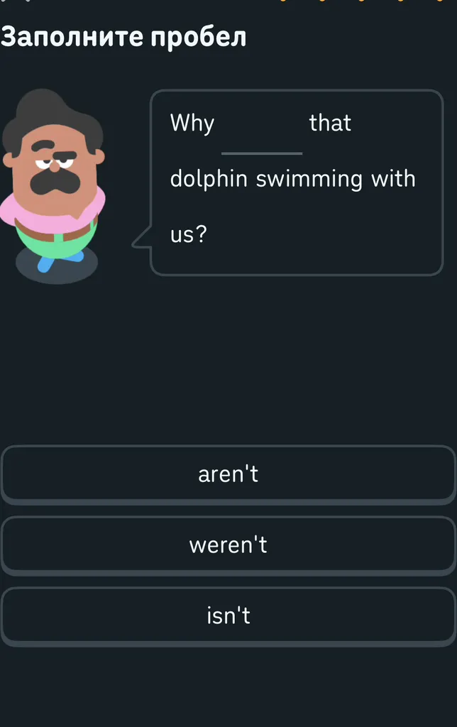 Заполните пробел: Why ____ that dolphin swimming with us?