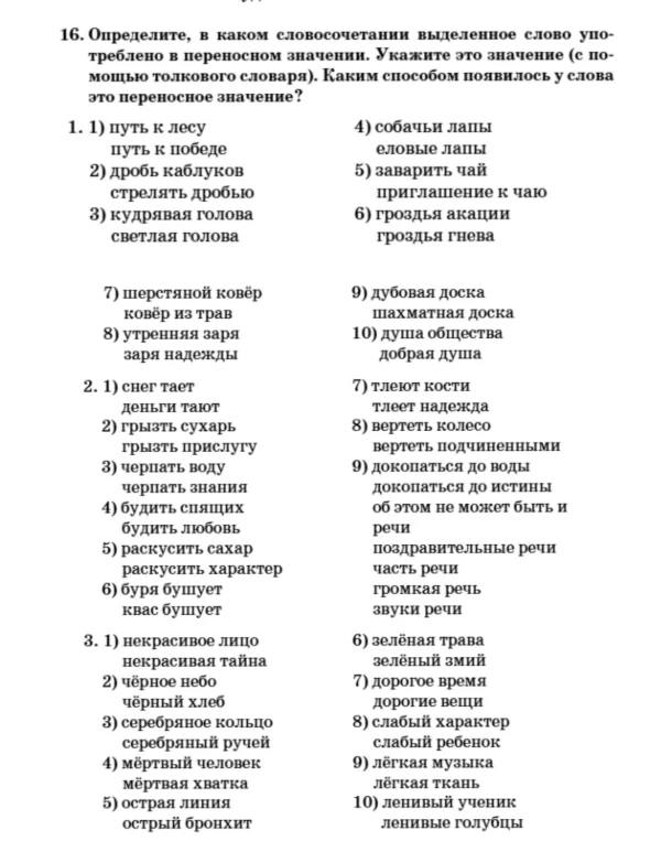 16. Определите, в каком словосочетании выделенное слово употреблено в переносном значении. Укажите это значение (с помощью толкового словаря). Каким способом появилось у слова это переносное значение?