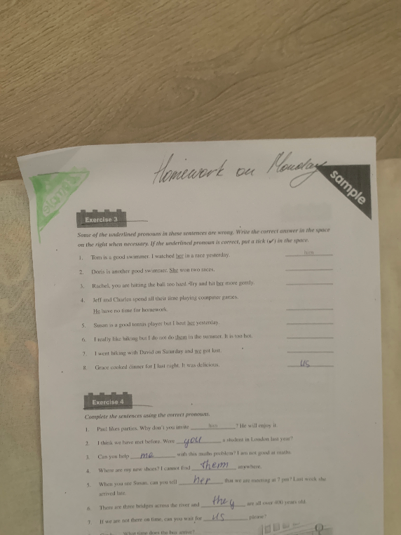 Some of the underlined pronouns in these sentences are wrong. Write the correct answer in the space on the right when necessary.