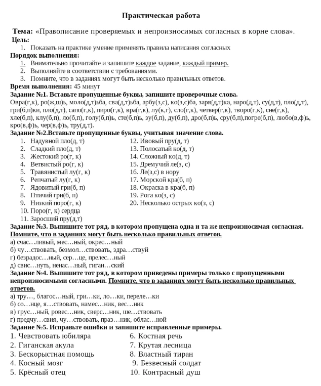 Практическая работа: Правописание проверяемых и непроизносимых согласных в корне слова.