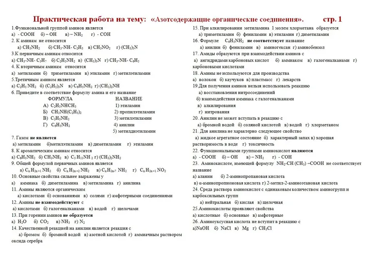 1.Функциональной группой аминов является а) -СООН б) -ОН в) -NH2 г) -СОН