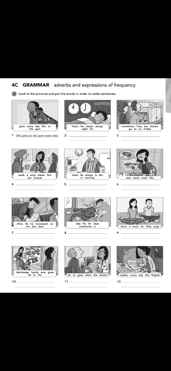 Look at the pictures and put the words in order to make sentences.