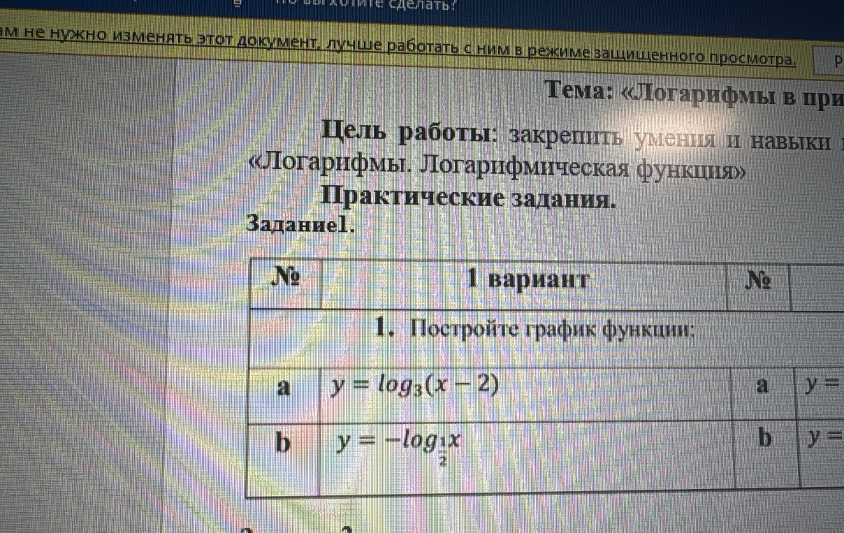 1. Постройте график функции: а) y = log3(x - 2) б) y = -log1/2x