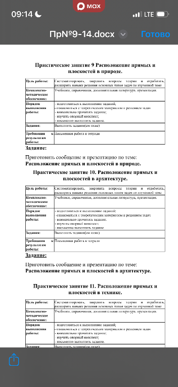 Практическое занятие 9 Расположение прямых и плоскостей в природе.