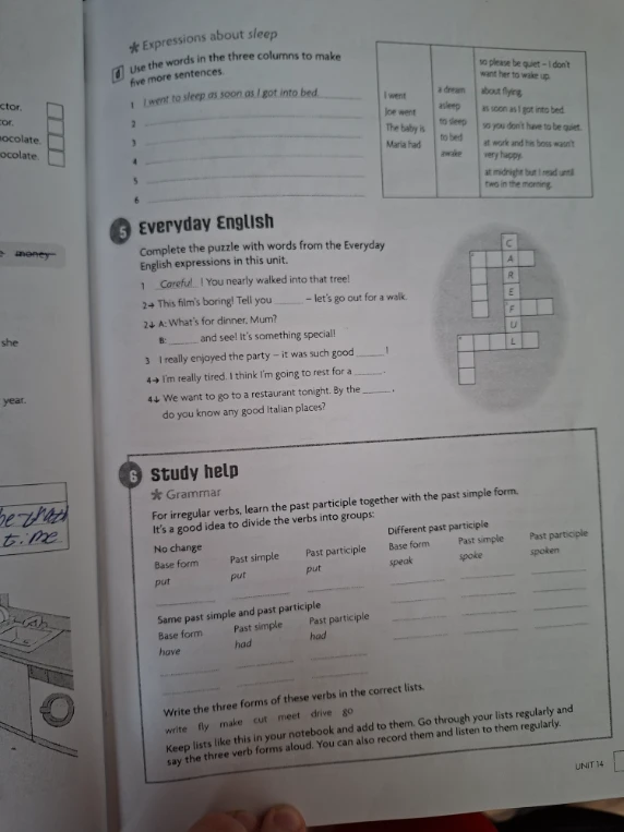 Use the words in the three columns to make five more sentences.