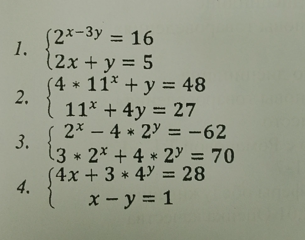 1. { 2^{x-3y} = 16 { 2x + y = 5