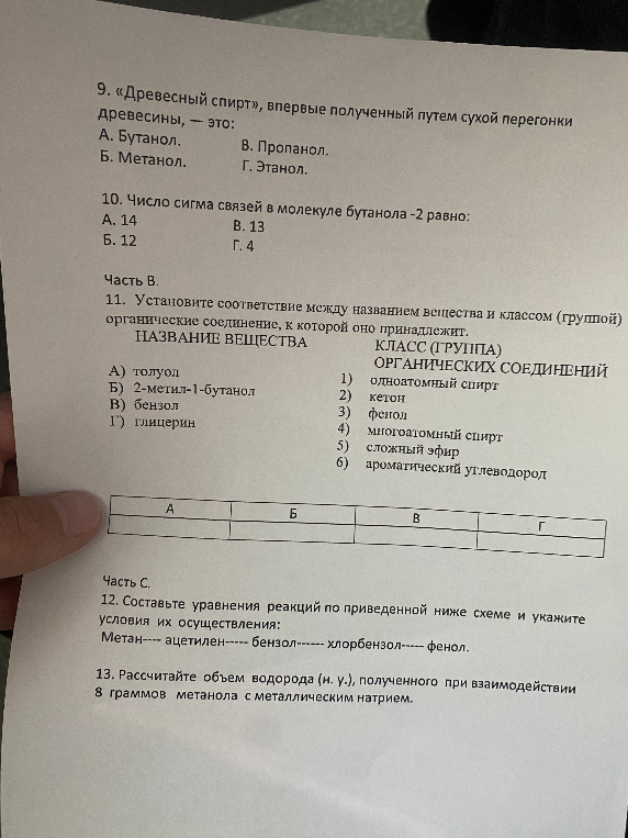 9. «Древесный спирт», впервые полученный путем сухой перегонки древесины, — это: