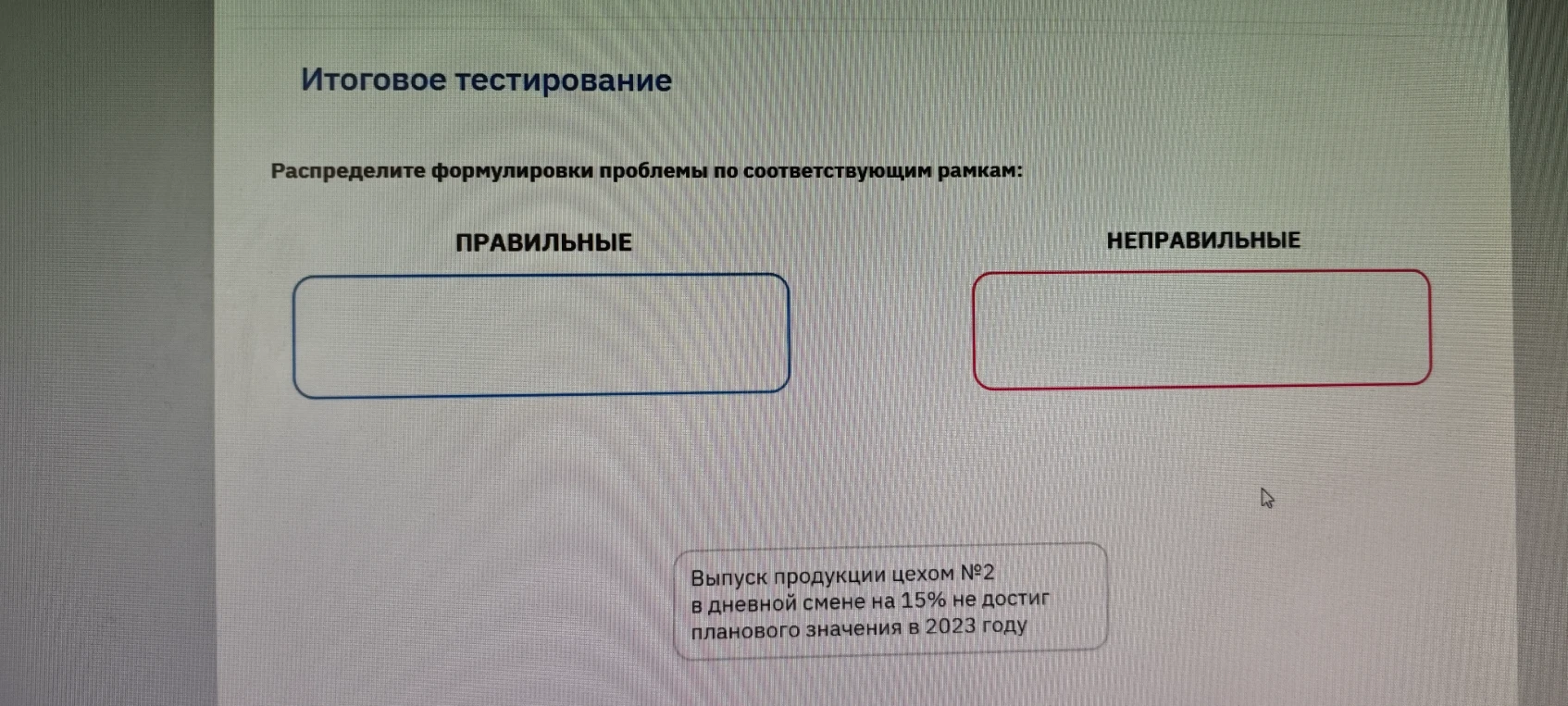 Распределите формулировки проблемы по соответствующим рамкам: Правильные / Неправильные. Формулировка: Выпуск продукции цехом №2 в дневной смене на 15% не достиг планового значения в 2023 году