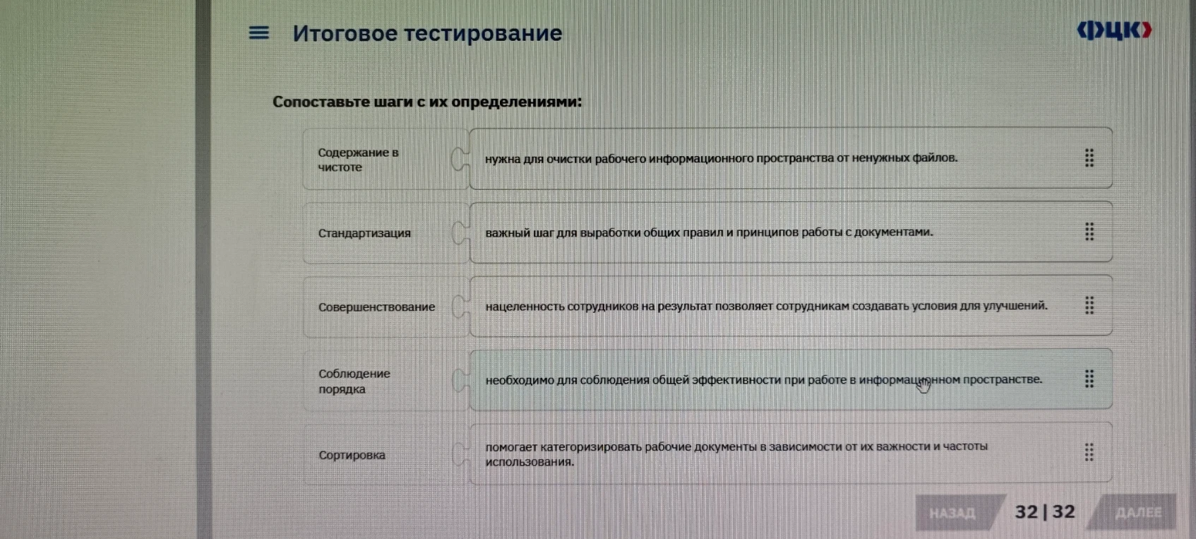 Сопоставьте шаги с их определениями: