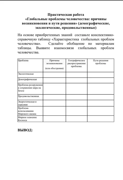 На основе приобретенных знаний составьте конспективно-справочную таблицу «Характеристика глобальных проблем человечества».