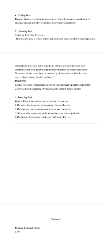 4. Writing Task Prompt: Write a report on the importance of health screenings conducted by pharmacists and how they contribute to preventive healthcare.