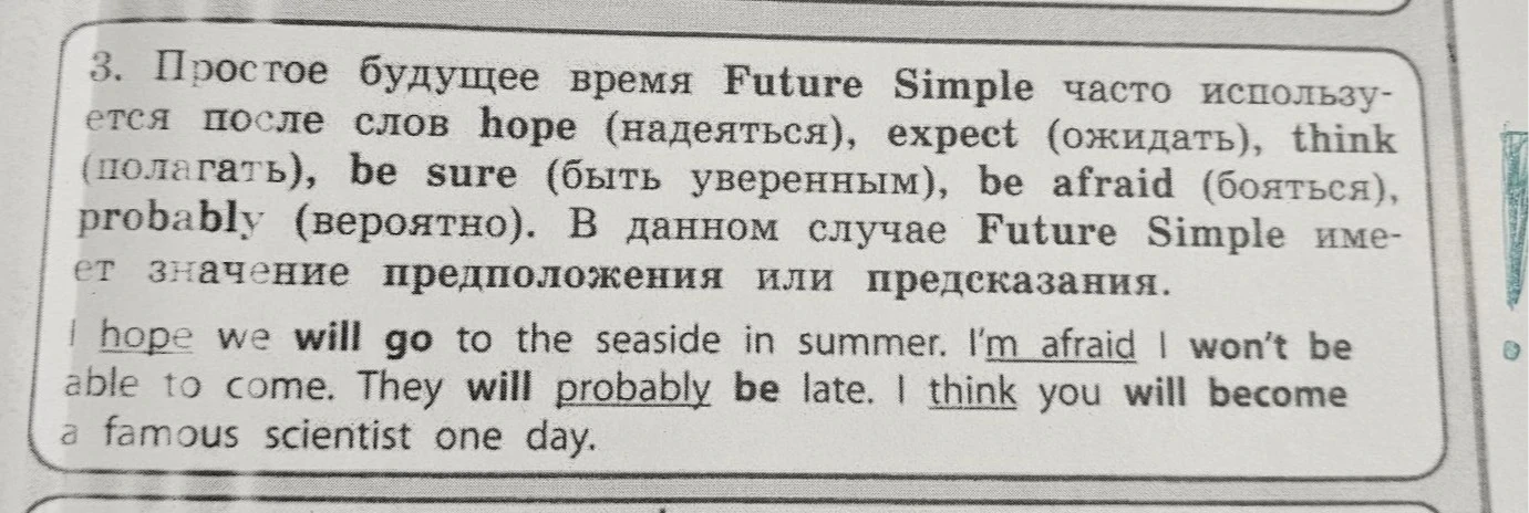 3. Простое будущее время Future Simple часто используется после слов hope (надеяться), expect (ожидать), think (полагать), be sure (быть уверенным), be afraid (бояться), probably (вероятно).