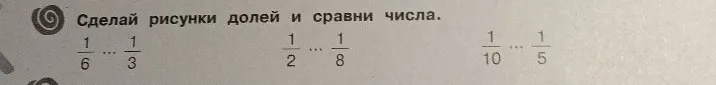 Сделай рисунки долей и сравни числа.