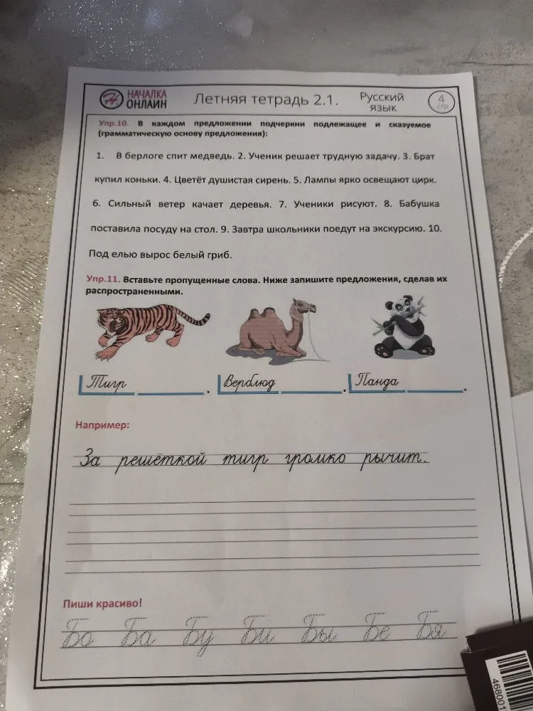Упр.10. В каждом предложении подчеркни подлежащее и сказуемое (грамматическую основу предложения): 1. В берлоге спит медведь.