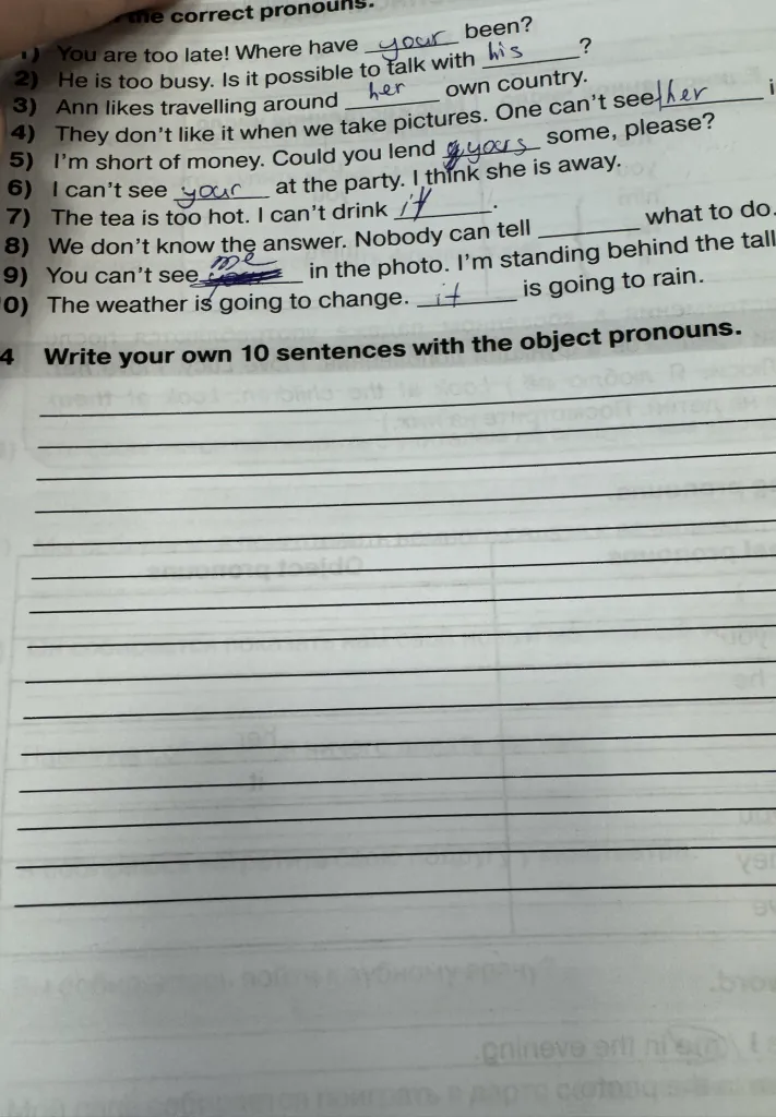 Write your own 10 sentences with the object pronouns.