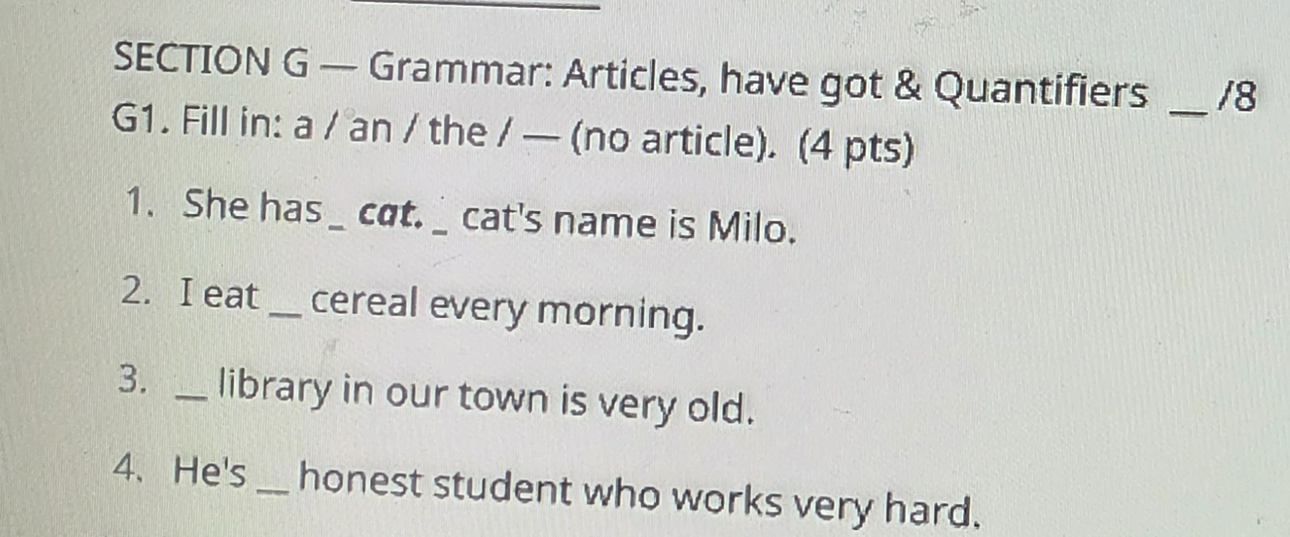 SECTION G — Grammar: Articles, have got & Quantifiers __/8 G1. Fill in: a / an / the / — (no article). (4 pts)