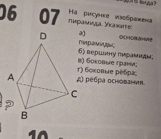 На рисунке изображена пирамида. Укажите: а) основание пирамиды; б) вершину пирамиды; в) боковые грани; г) боковые рёбра; д) рёбра основания.