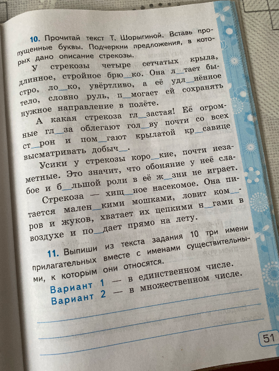10. Прочитай текст Т. Шорыгиной. Вставь пропущенные буквы. Подчеркни предложения, в которых дано описание стрекозы.