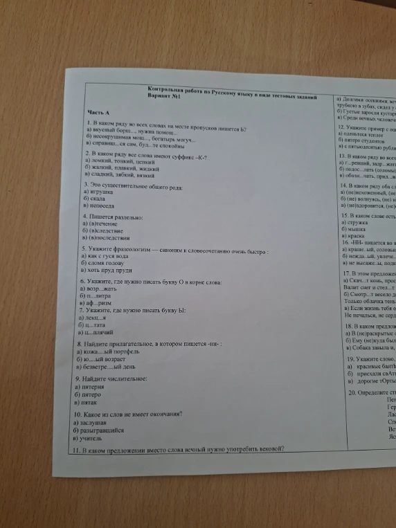 Контрольная работа по Русскому языку. Вариант №1