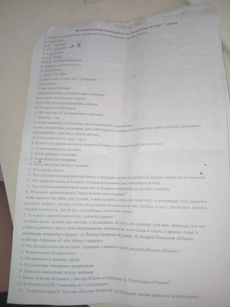 Итоговая контрольная работа по литературе за курс 7 класса.