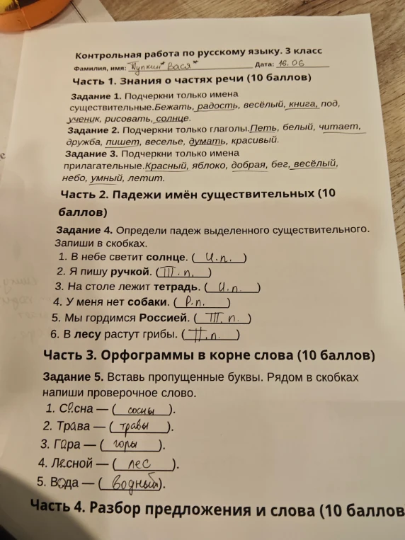 Контрольная работа по русскому языку. 3 класс