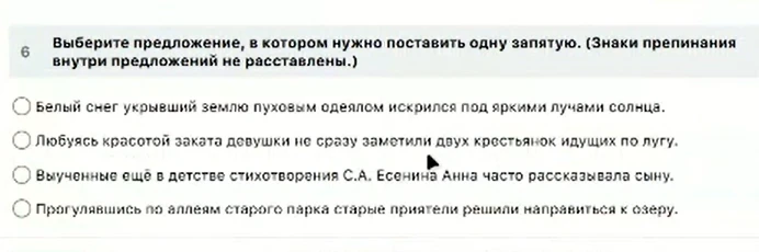 Выберите предложение, в котором нужно поставить одну запятую. (Знаки препинания внутри предложений не расставлены.)