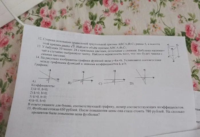 12. Сторона основания правильной треугольной призмы ABCA1B1C1 равна 5, а высота этой призмы равна √3. Найдите объём призмы ABCA1B1C1.