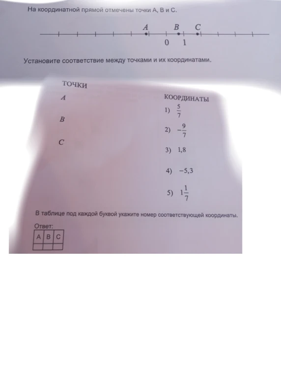 На координатной прямой отмечены точки А, В и С. Установите соответствие между точками и их координатными.