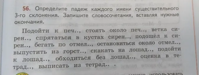 56. Определите падеж каждого имени существительного 3-го склонения. Запишите словосочетания, вставляя нужные окончания.