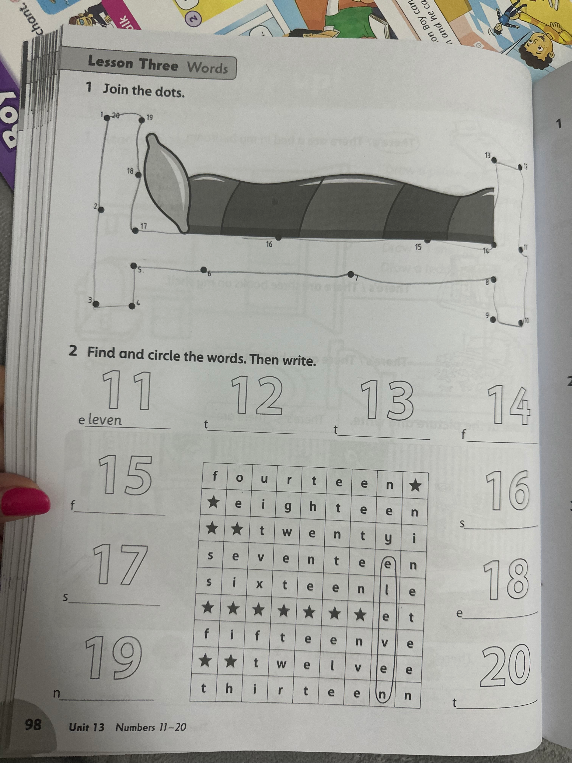 Join the dots. Find and circle the words. Then write.