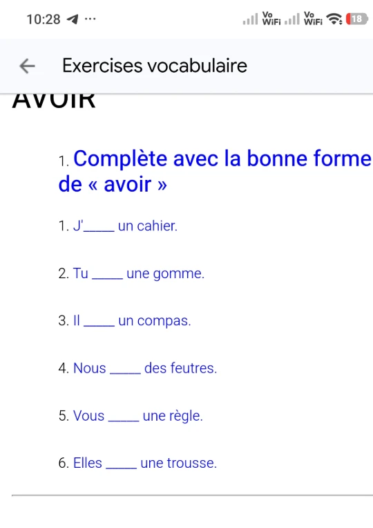 Complète avec la bonne forme de « avoir »