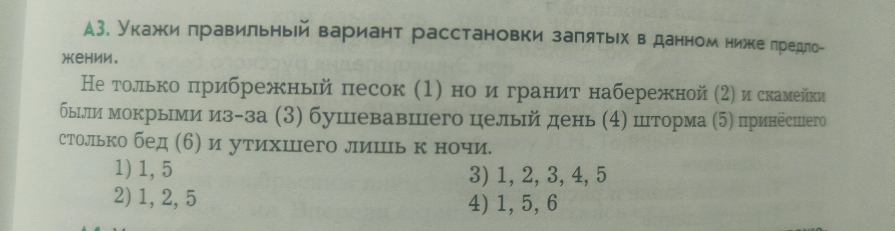 А3. Укажи правильный вариант расстановки запятых в данном ниже предложении. Не только прибрежный песок (1) но и гранит набережной (2) и скамейки были мокрыми из-за (3) бушевавшего целый день (4) шторма (5) принёсшего столько бед (6) и утихшего лишь к ночи.