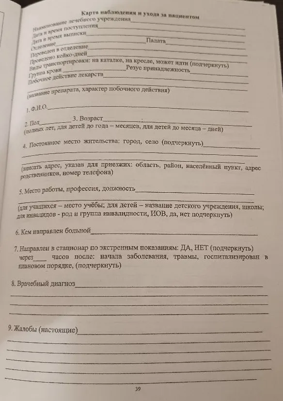 Карта наблюдения и ухода за пациентом