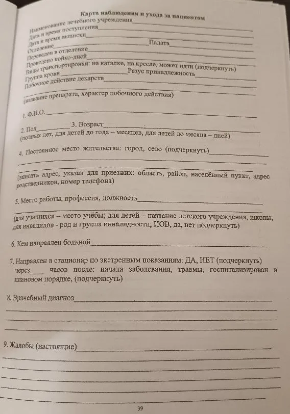 Карта наблюдения и ухода за пациентом