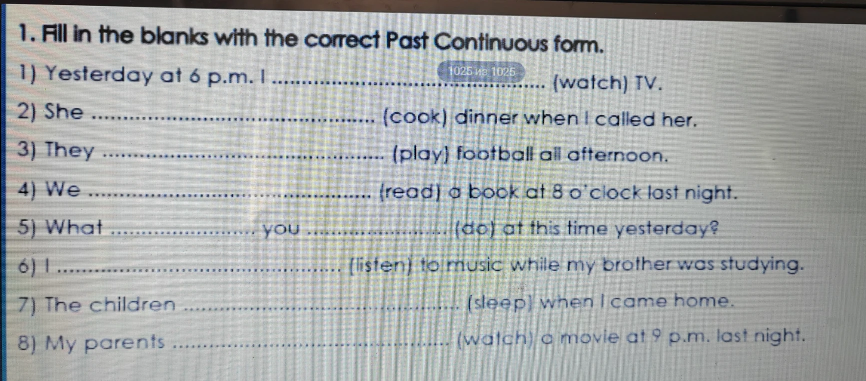 1. Fill in the blanks with the correct Past Continuous form.