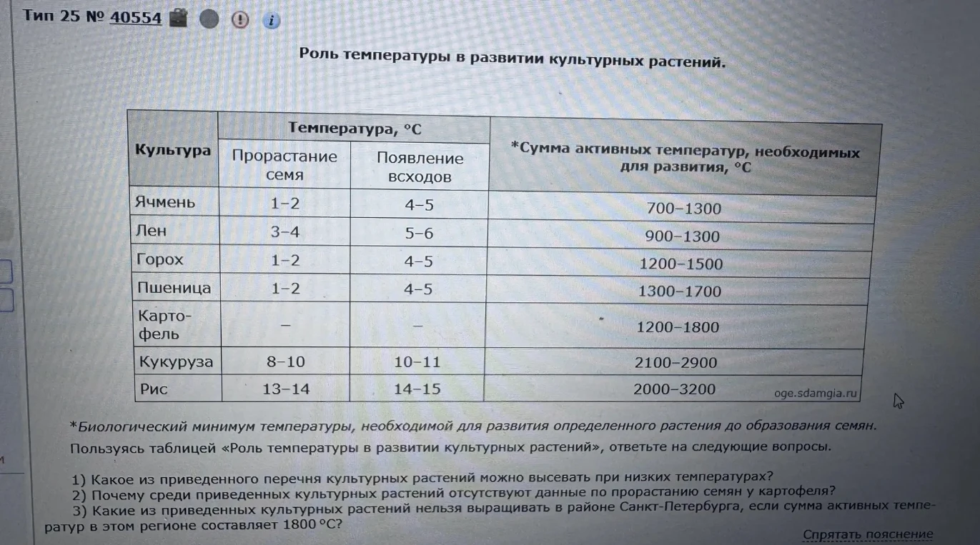 Какое из приведенного перечня культурных растений можно высевать при низких температурах?