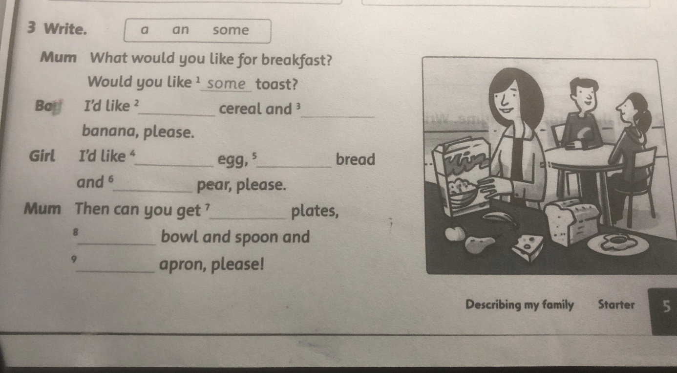 3 Write. a an some Mum What would you like for breakfast? Would you like 1 some toast?