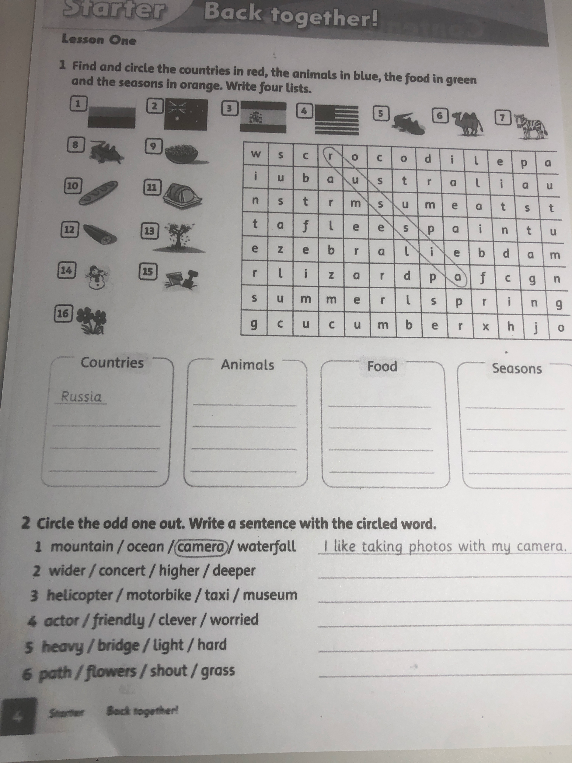 Find and circle the countries in red, the animals in blue, the food in green and the seasons in orange. Write four lists.