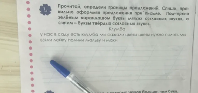 Прочитай, определи границы предложений. Спиши, правильно оформляя предложения при письме. Подчеркни зелёным карандашом буквы мягких согласных звуков, а синим – буквы твёрдых согласных звуков.