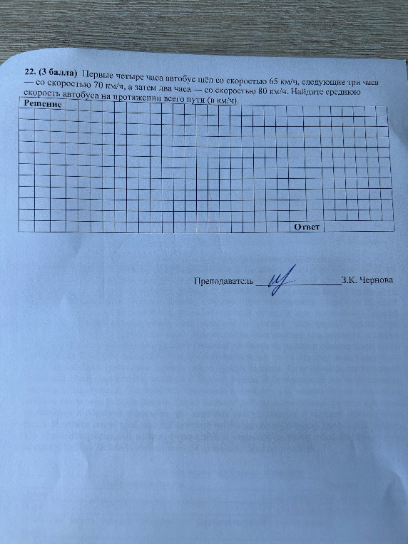 22. (3 балла) Первые четыре часа автобус шёл со скоростью 65 км/ч, следующие три часа — со скоростью 70 км/ч, а затем два часа — со скоростью 80 км/ч. Найдите среднюю скорость автобуса на протяжении всего пути (в км/ч).