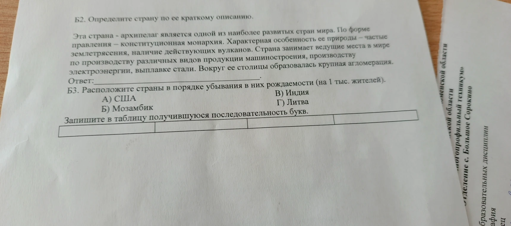 Б2. Определите страну по ее краткому описанию.