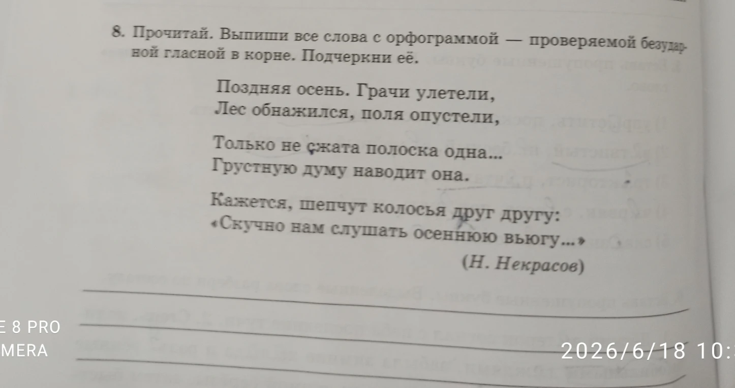 8. Прочитай. Выпиши все слова с орфограммой — проверяемой безударной гласной в корне. Подчеркни её.