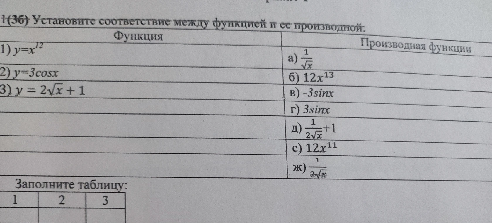 Установите соответствие между функцией и ее производной