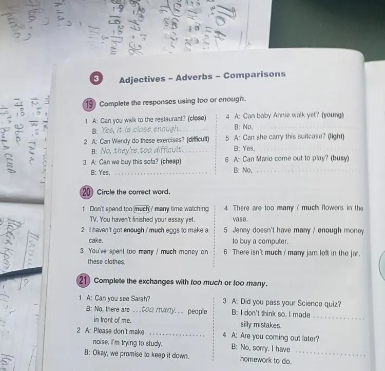 Complete the responses using too or enough.