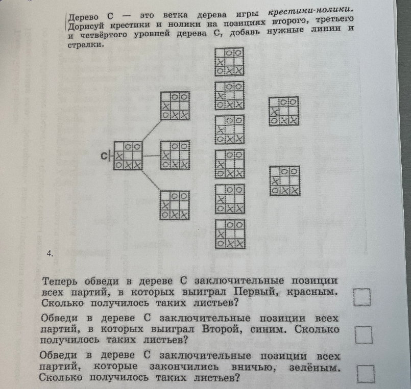 Дерево С — это ветка дерева игры крестики-нолики. Дорисуй крестики и нолики на позициях второго, третьего и четвёртого уровней дерева С, добавь нужные линии и стрелки.