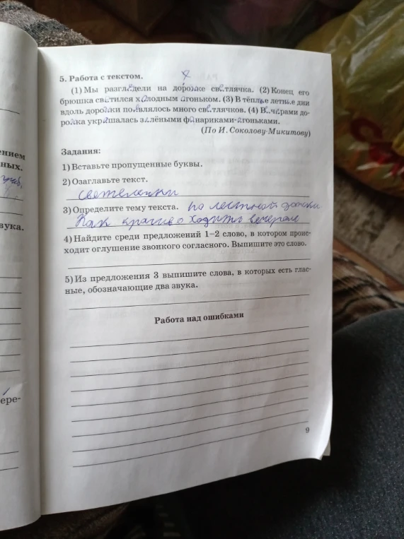 5. Работа с текстом. (1) Мы разглядели на дорожке св.тлячка. (2) Конец его брюшка св.тился х.лодным .гоньком. (3) В тёпл.е летн.е дни вдоль дорожки по.влялось много св.тлячков. (4) В..черами дорожка украшалась з.лёными ф.нариками-..гоньками.