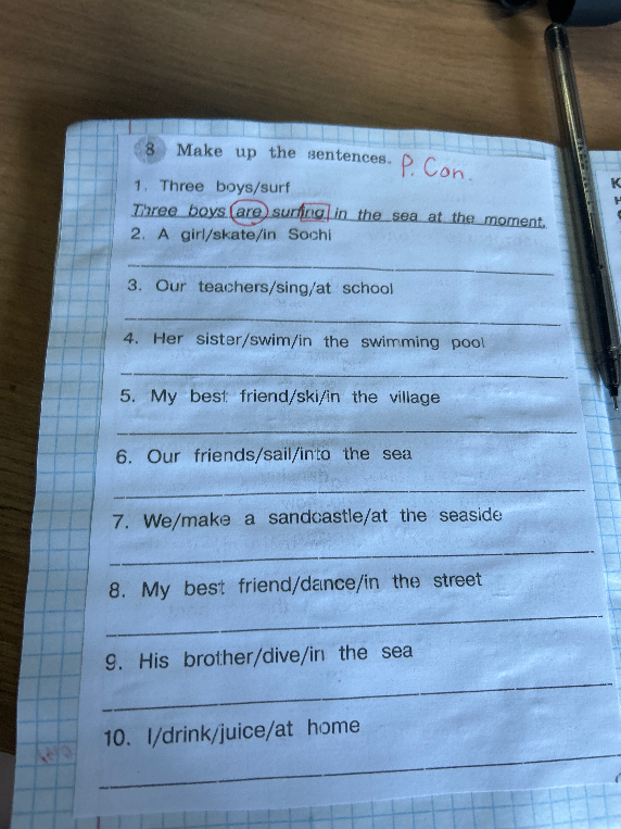 8 Make up the sentences. P. Con. 1. Three boys/surf