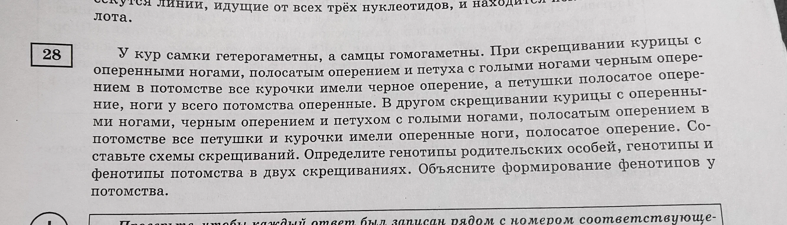 У кур самки гетерогаметны, а самцы гомогаметны. При скрещивании курицы с оперенными ногами, черным оперением и петуха с голыми ногами, полосатым оперением в потомстве все курочки имели черное оперение, а петушки полосатое оперение, ноги у всего потомства оперенные.